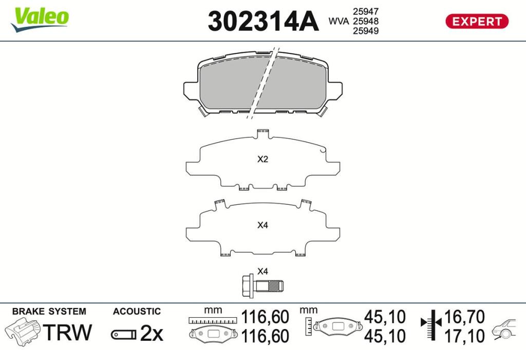 Jeu de 4 plaquettes de frein VALEO ref. 302314A